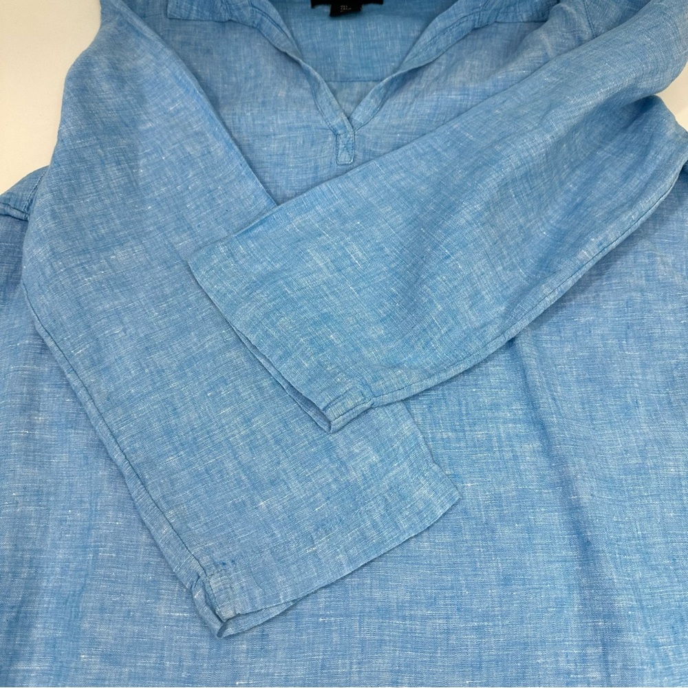 Tahari Top Blue Linen Collared V-neck 3/4 Sleeve Coastal Beachy Lightweight Sz L - Picture 10 of 12